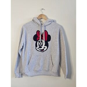 Disney Minnie Mouse Hoodie S Heather Grey Chenille Patch Pullover Sweatshirt
